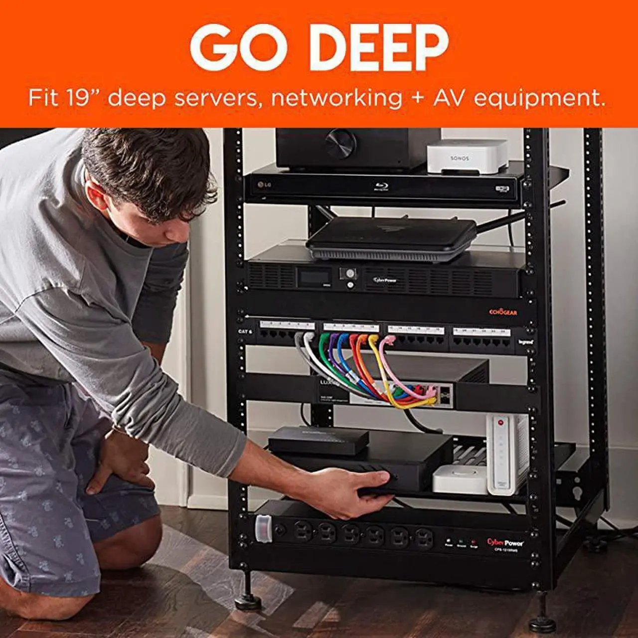 Alt view image 4 of 7 - 20U Open Frame Server Rack - Heavy Duty 4 Post Design Holds All Your Network & AV Gear - Includes 2 Vented Shelves & is Wall Mountable