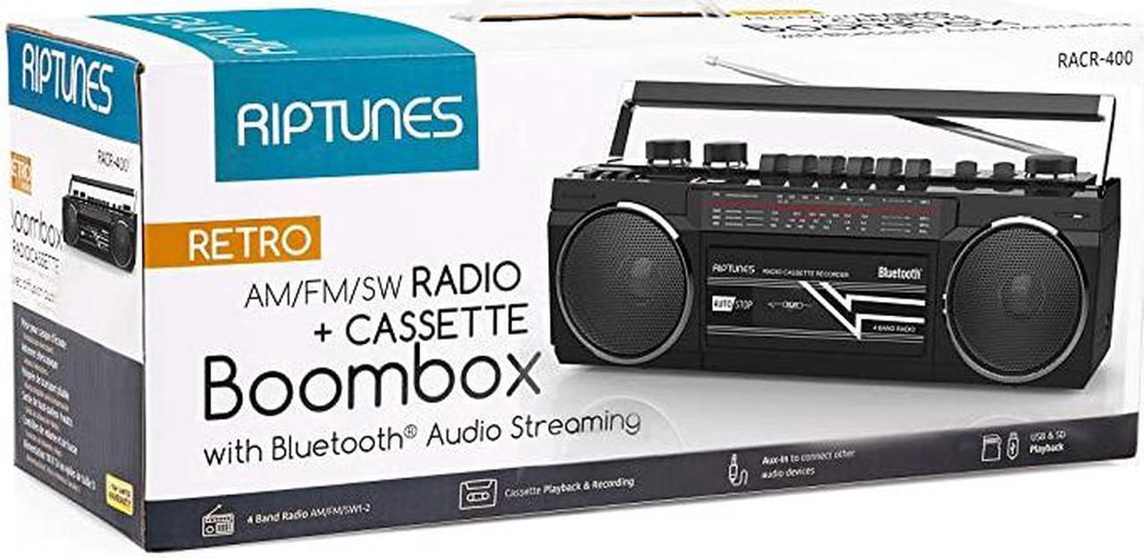 Alt view image 6 of 7 - Cassette Boombox Retro Blueooth Boombox Cassette Player and Recorder AMFMSW1SW2 Radio4Band Radio USB SD and Aux in Black