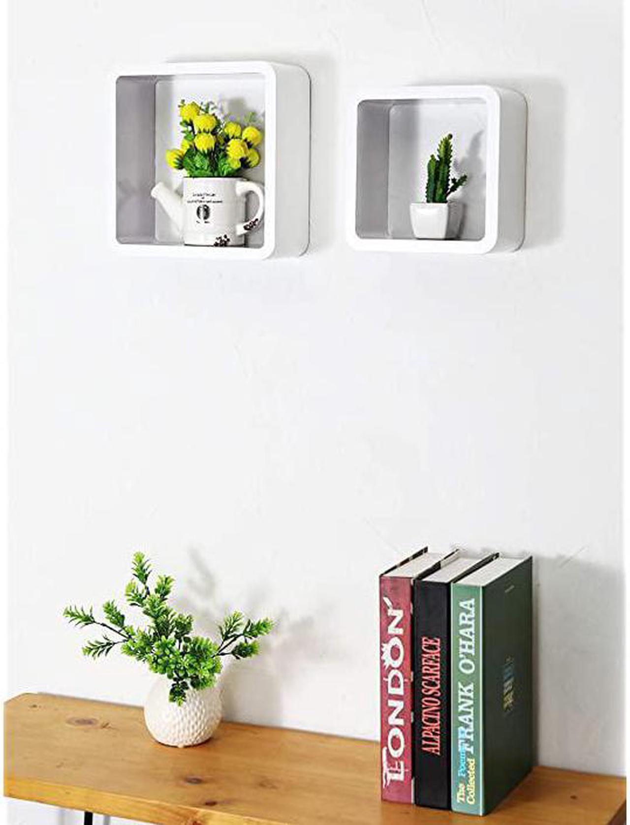 Alt view image 3 of 6 - Set of 2 Cube Floating Shelves Wood Wall Shelves for Home Decoration Storage Display Rack White+Gray