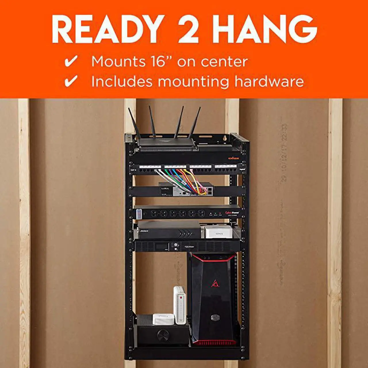 Alt view image 6 of 7 - 20U Open Frame Server Rack - Heavy Duty 4 Post Design Holds All Your Network & AV Gear - Includes 2 Vented Shelves & is Wall Mountable