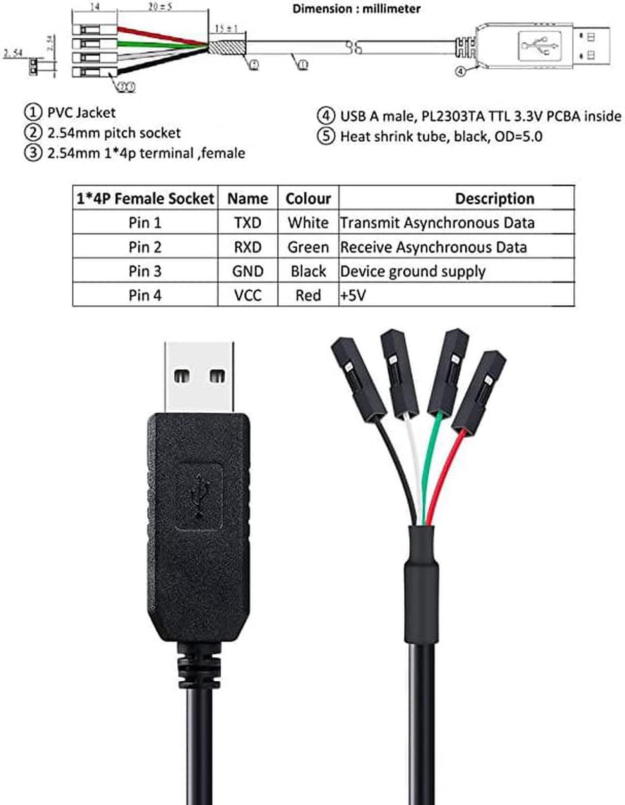 Alt view image 6 of 6 - USB to TTL Serial 33V Adapter Cable TX RX Signal 4 Pin 01 inch Pitch Female Socket PL2303 Prolific Chip Windows 10 8 7 XP Vista 6ft Black