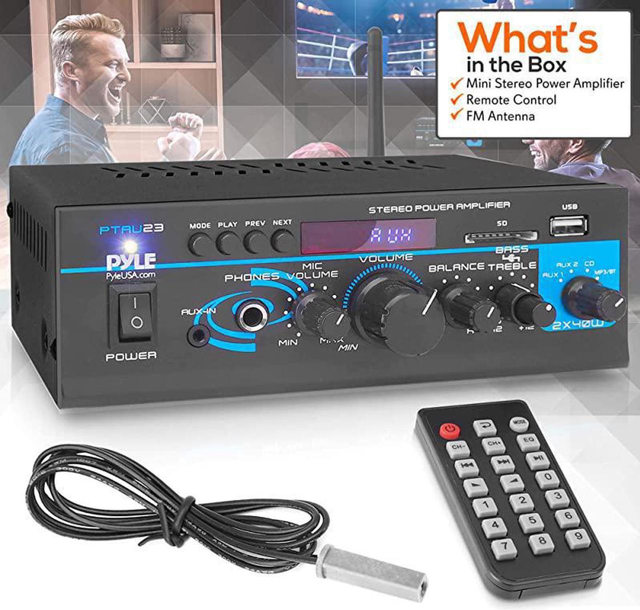 Alt view image 7 of 7 - Home Audio Bluetooth Power Amplifier System 2X40W Mini Dual Channel Mixer Sound Stereo Receiver Box w RCA USB AUX Headphone Mic Input LED For PA Home Theater Studio Use  PTAU23 Black 2 x 40 Watts
