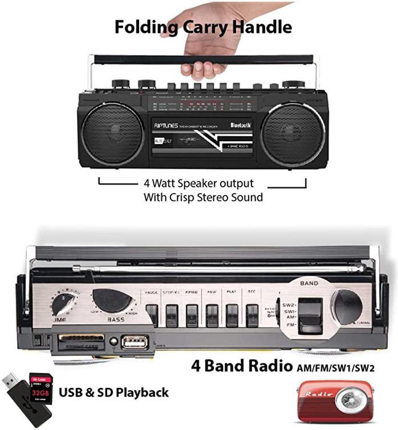 Alt view image 4 of 7 - Cassette Boombox Retro Blueooth Boombox Cassette Player and Recorder AMFMSW1SW2 Radio4Band Radio USB SD and Aux in Black