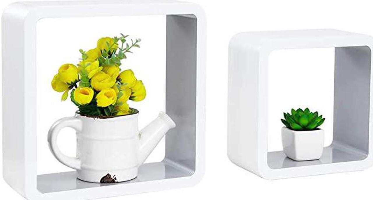 Main image of Set of 2 Cube Floating Shelves Wood Wall Shelves for Home Decoration Storage Display Rack White+Gray