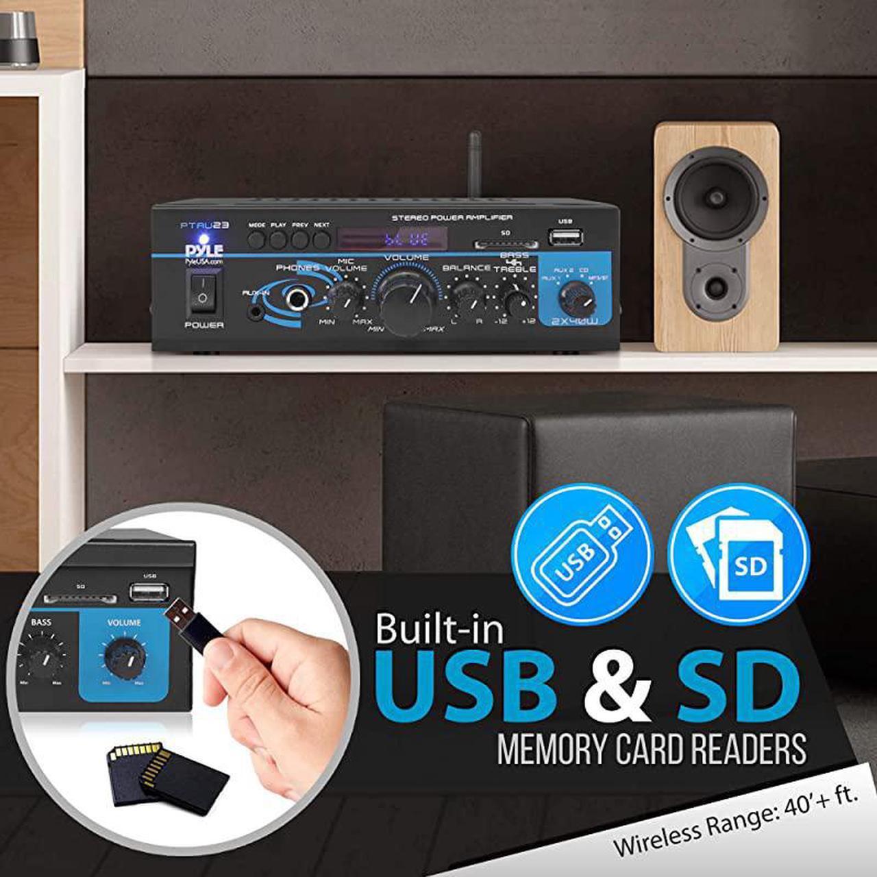 Alt view image 5 of 7 - Home Audio Bluetooth Power Amplifier System 2X40W Mini Dual Channel Mixer Sound Stereo Receiver Box w RCA USB AUX Headphone Mic Input LED For PA Home Theater Studio Use  PTAU23 Black 2 x 40 Watts