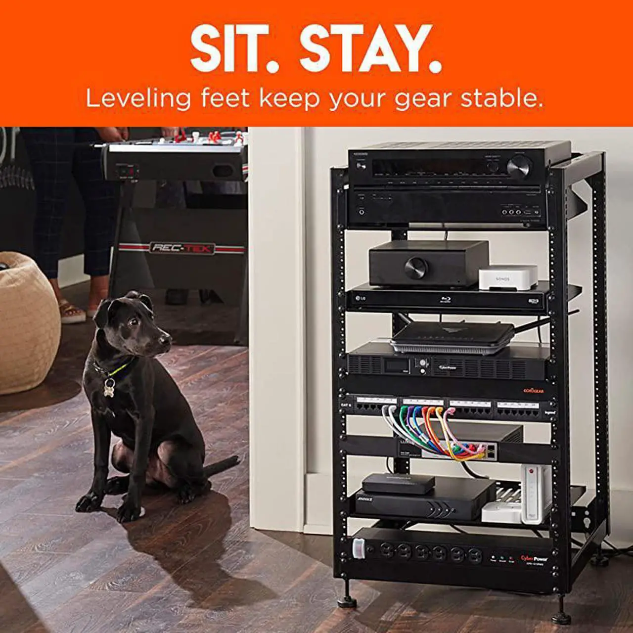 Alt view image 7 of 7 - 20U Open Frame Server Rack - Heavy Duty 4 Post Design Holds All Your Network & AV Gear - Includes 2 Vented Shelves & is Wall Mountable