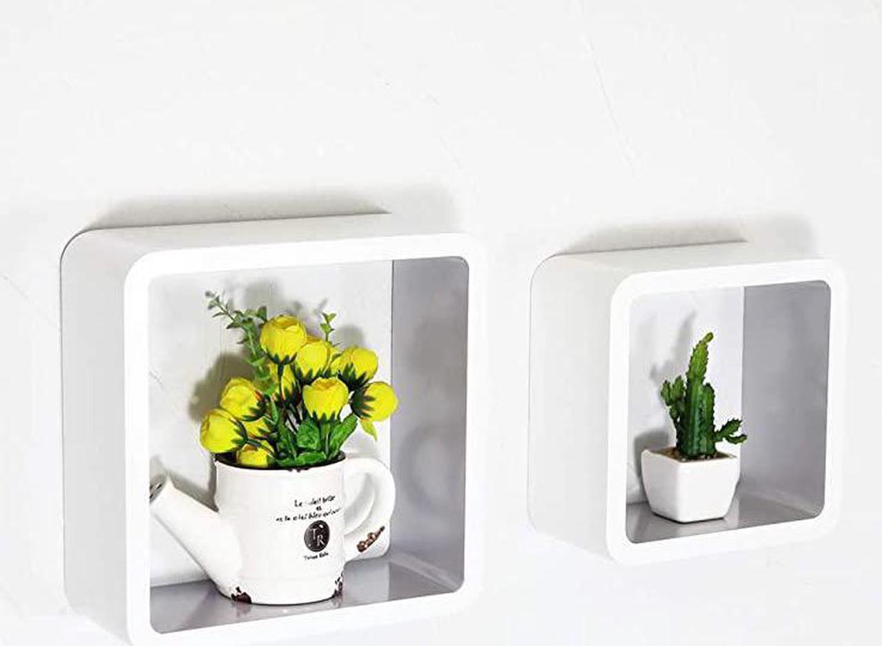 Alt view image 4 of 6 - Set of 2 Cube Floating Shelves Wood Wall Shelves for Home Decoration Storage Display Rack White+Gray