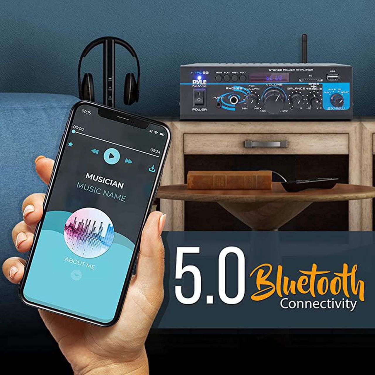 Alt view image 3 of 7 - Home Audio Bluetooth Power Amplifier System 2X40W Mini Dual Channel Mixer Sound Stereo Receiver Box w RCA USB AUX Headphone Mic Input LED For PA Home Theater Studio Use  PTAU23 Black 2 x 40 Watts