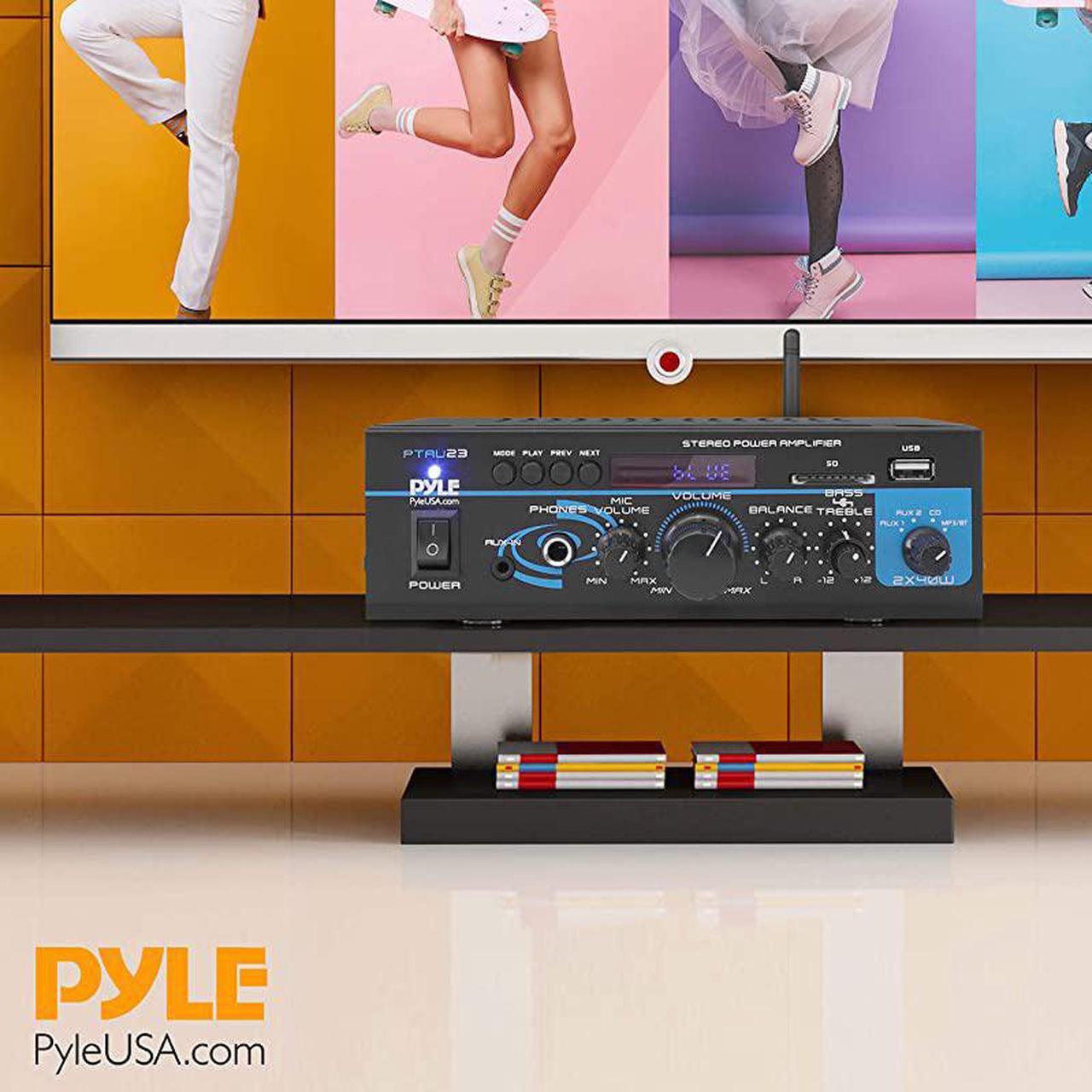Alt view image 6 of 7 - Home Audio Bluetooth Power Amplifier System 2X40W Mini Dual Channel Mixer Sound Stereo Receiver Box w RCA USB AUX Headphone Mic Input LED For PA Home Theater Studio Use  PTAU23 Black 2 x 40 Watts