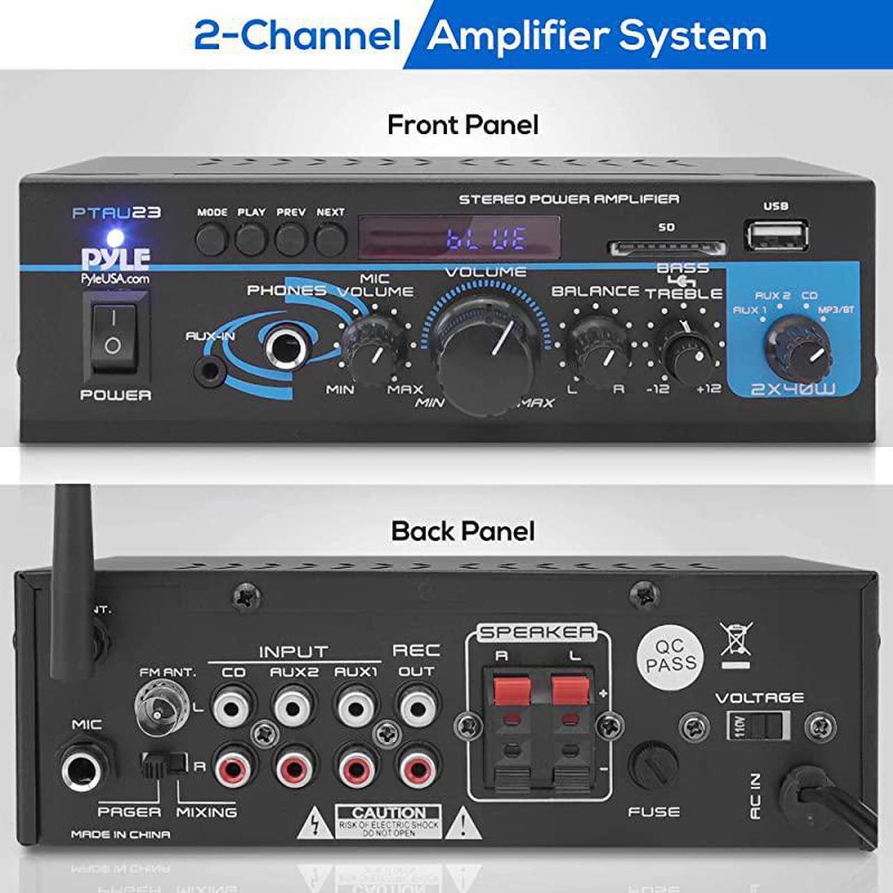 Alt view image 2 of 7 - Home Audio Bluetooth Power Amplifier System 2X40W Mini Dual Channel Mixer Sound Stereo Receiver Box w RCA USB AUX Headphone Mic Input LED For PA Home Theater Studio Use  PTAU23 Black 2 x 40 Watts