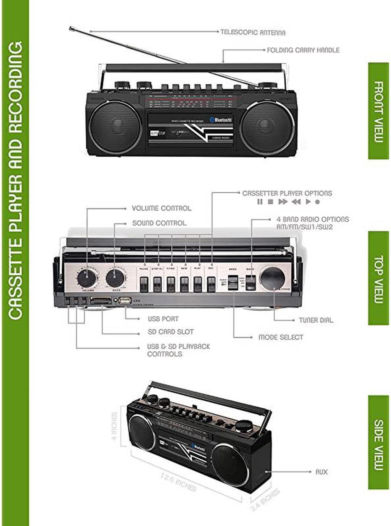Alt view image 5 of 7 - Cassette Boombox Retro Blueooth Boombox Cassette Player and Recorder AMFMSW1SW2 Radio4Band Radio USB SD and Aux in Black