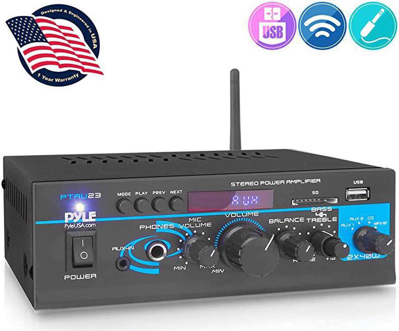 Main image of Home Audio Bluetooth Power Amplifier System 2X40W Mini Dual Channel Mixer Sound Stereo Receiver Box w RCA USB AUX Headphone Mic Input LED For PA Home Theater Studio Use  PTAU23 Black 2 x 40 Watts