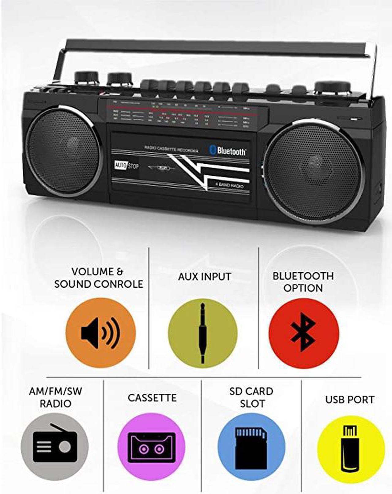 Alt view image 2 of 7 - Cassette Boombox Retro Blueooth Boombox Cassette Player and Recorder AMFMSW1SW2 Radio4Band Radio USB SD and Aux in Black