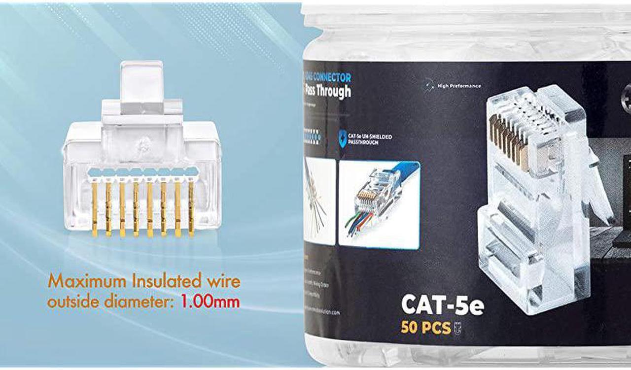 Alt view image 6 of 7 - Cat55e Pass Through Connectors Pack of 50Jar | EZ Crimp Connector UTP Network Plug for Unshielded Twisted Pair Solid Wire Standard Cables