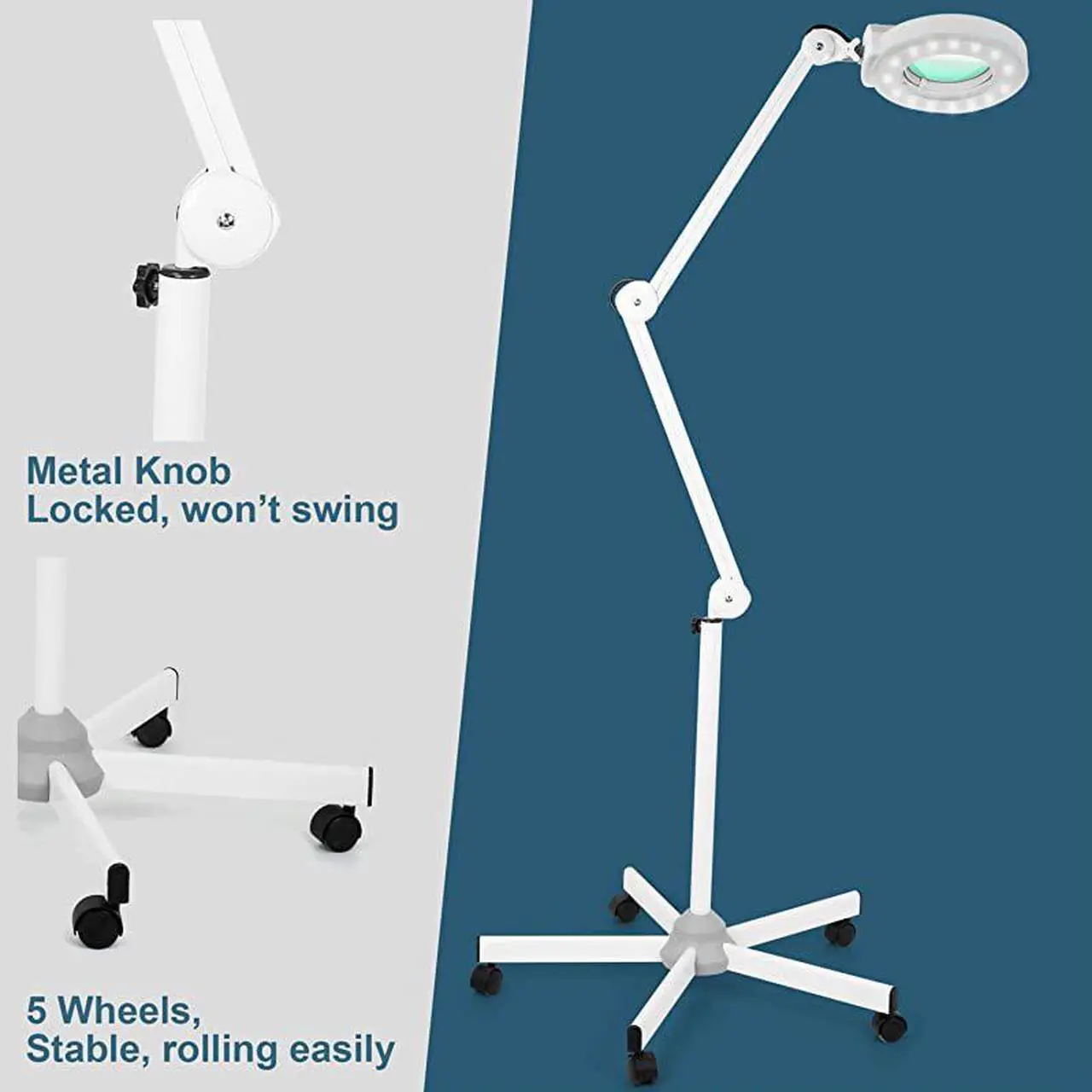 Alt view image 4 of 7 - Floor lamp with 5 Wheels Rolling Base for Estheticians - 1,500 Lumens LED Dimmable Light with Glass, 8-Diopter Lighted Magnifier for Reading, Crafts, Sewing, Close Work(5X)