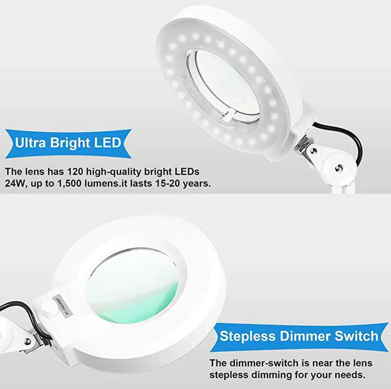 Alt view image 5 of 7 - Floor lamp with 5 Wheels Rolling Base for Estheticians - 1,500 Lumens LED Dimmable Light with Glass, 8-Diopter Lighted Magnifier for Reading, Crafts, Sewing, Close Work(5X)