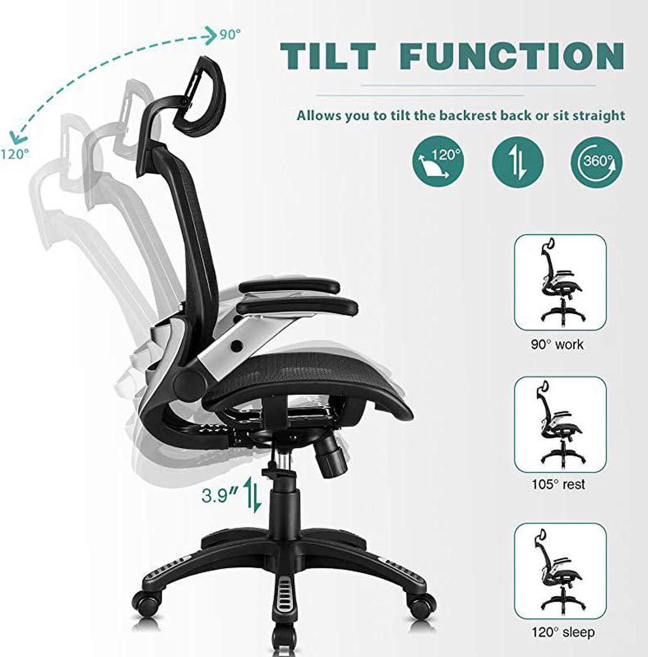 Alt view image 6 of 7 - Ergonomic Mesh Office Chair High Back Desk Chair Adjustable Headrest with FlipUp Arms Tilt Function Lumbar Support and PU Wheels Swivel Computer Task Chair