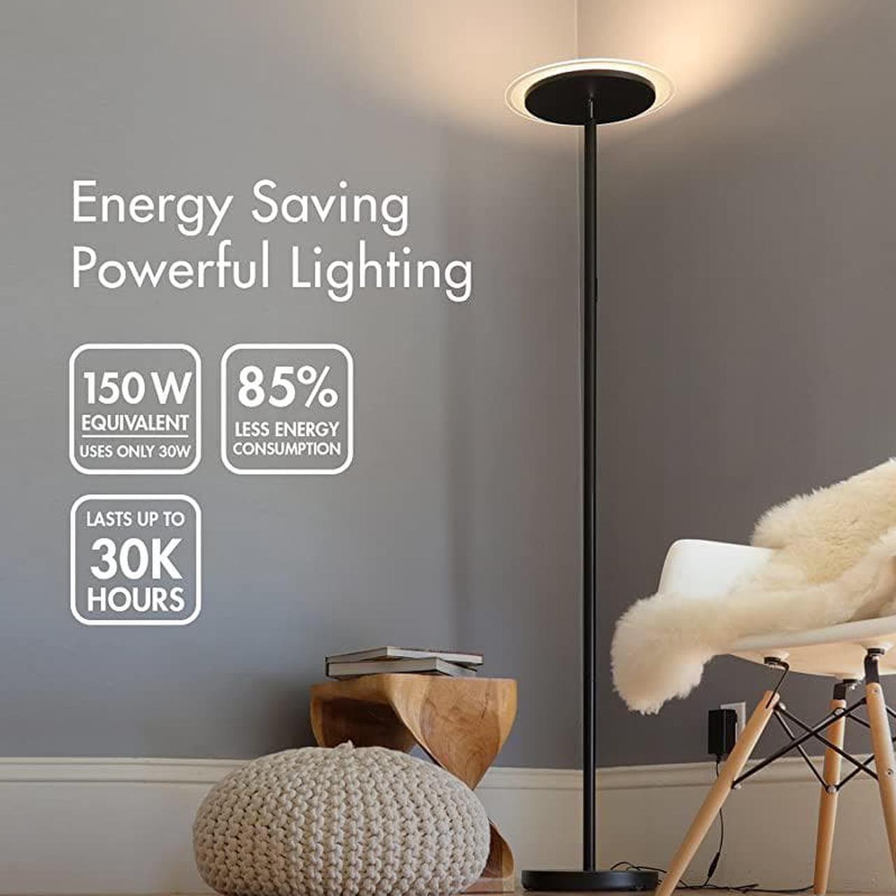 Alt view image 2 of 7 - Torchiere Remote Control Floor Lamp LED Floor lamp 30W 150W Equivalent Standing Lamp with Stepless Touch Dimmer TwoPart TripProof Cable 90° Adjustable Top Warm White Light