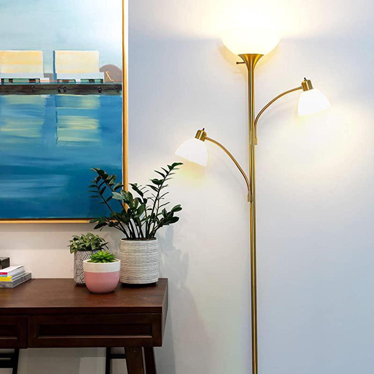 Alt view image 5 of 7 - Sky Dome Double High Brightness Torchiere Floor Lamp with 2 Reading Lights for Living Rooms Bedrooms Replace Halogen Standing Lamps with Efficient LED Office Lighting Tall Black Pole