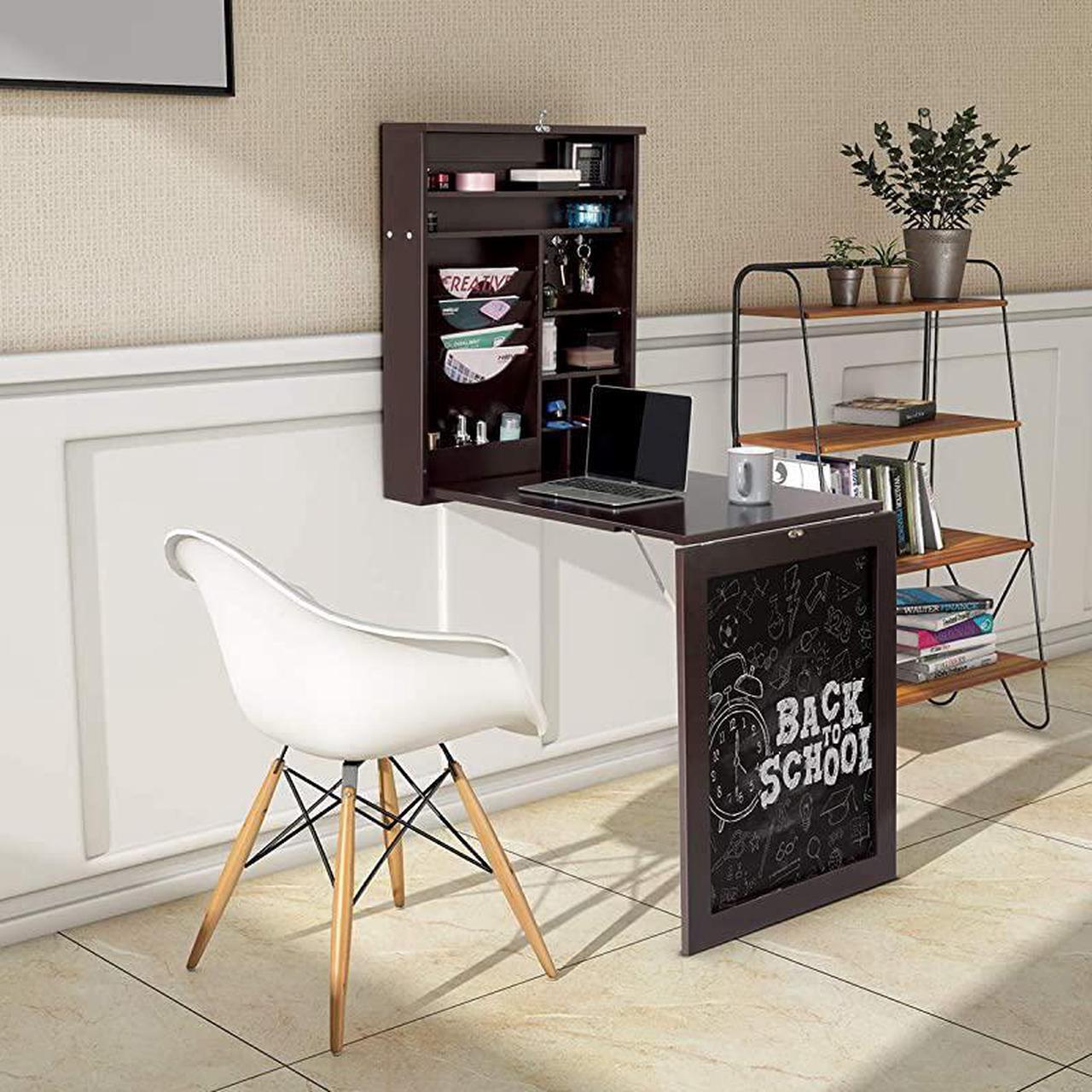 Main image of Wall Mounted Table Fold Out Convertible Desk with Chalkboard MultiFunctional Wall Mounted Laptop Desk Writing Desk Home Office Desk with Large Storage AreaNo Assembly Required