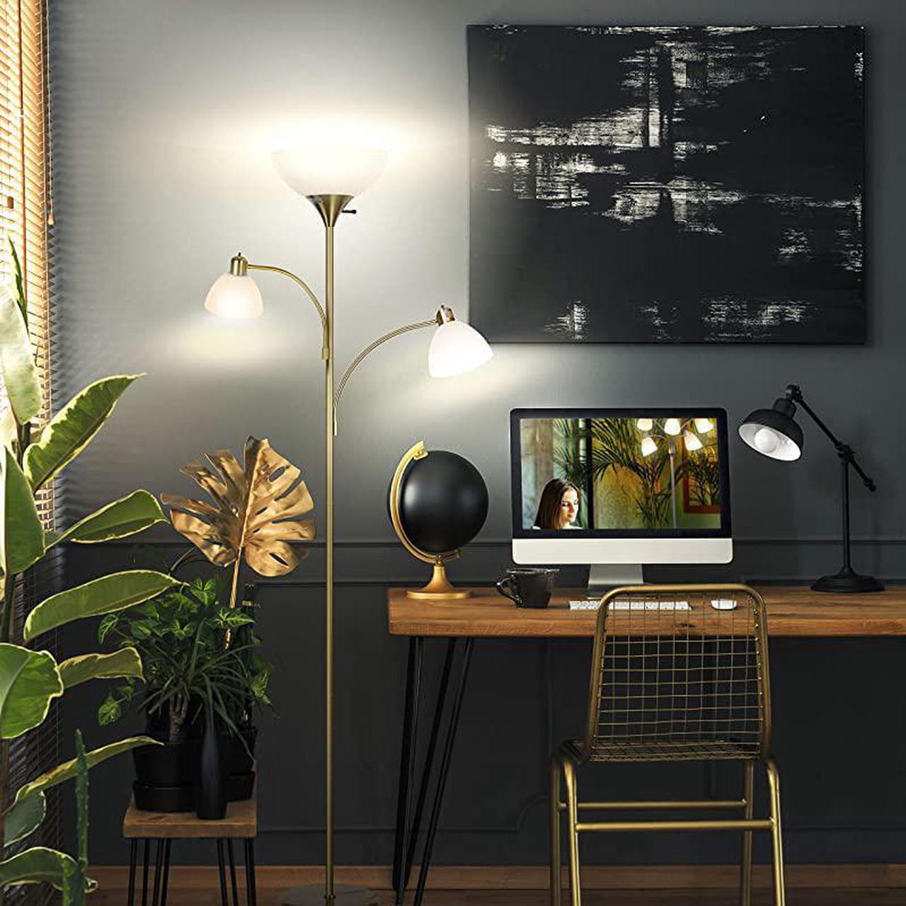 Alt view image 7 of 7 - Sky Dome Double High Brightness Torchiere Floor Lamp with 2 Reading Lights for Living Rooms Bedrooms Replace Halogen Standing Lamps with Efficient LED Office Lighting Tall Black Pole