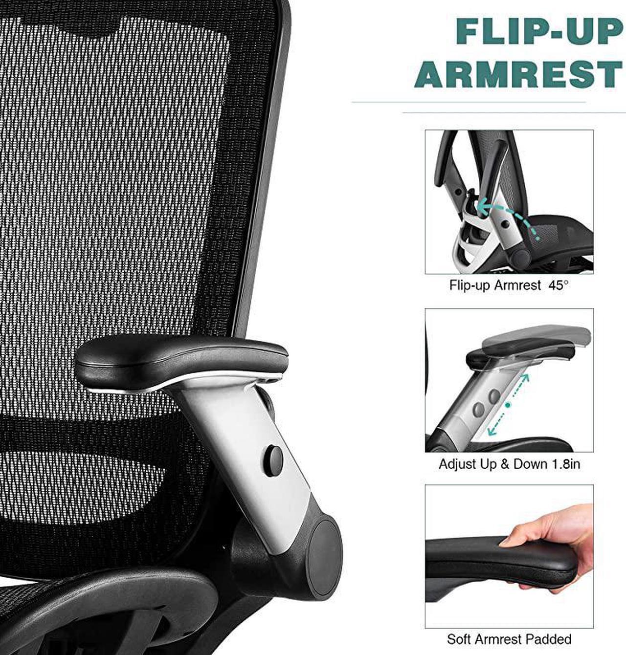 Alt view image 3 of 7 - Ergonomic Mesh Office Chair High Back Desk Chair Adjustable Headrest with FlipUp Arms Tilt Function Lumbar Support and PU Wheels Swivel Computer Task Chair