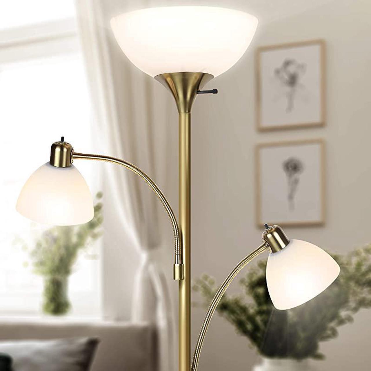 Alt view image 3 of 7 - Sky Dome Double High Brightness Torchiere Floor Lamp with 2 Reading Lights for Living Rooms Bedrooms Replace Halogen Standing Lamps with Efficient LED Office Lighting Tall Black Pole