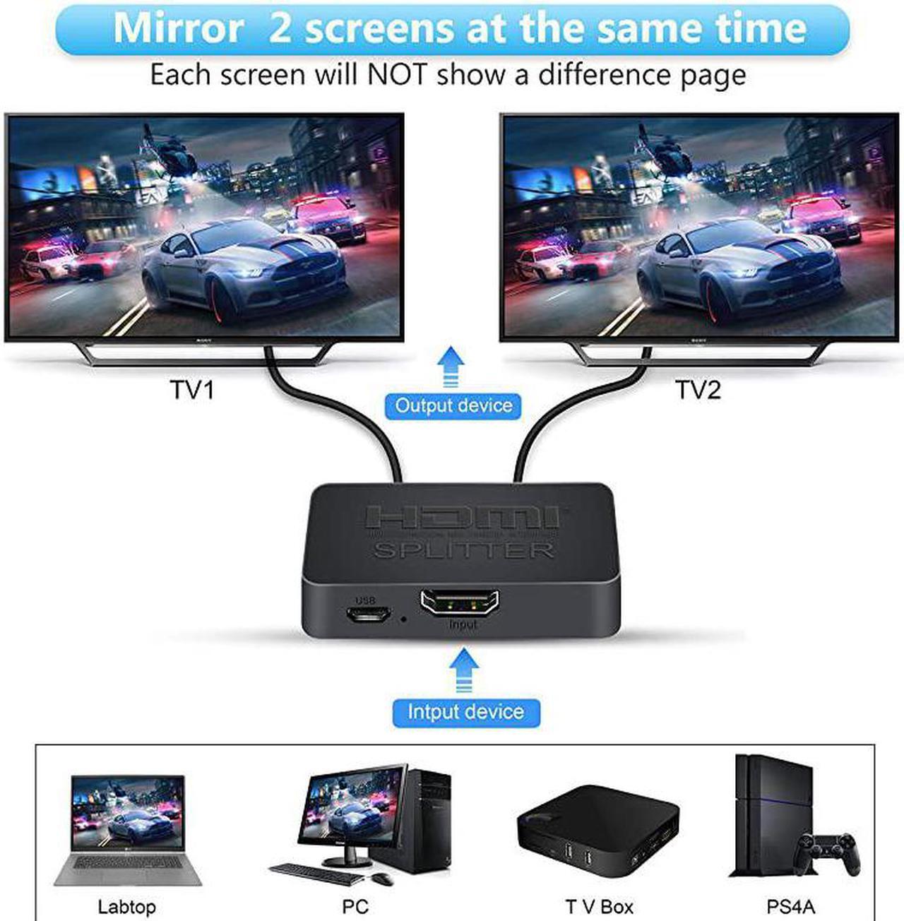 Alt view image 2 of 7 - 4K60Hz HDMI Splitter  HDMI Splitter 1 in 2 Out HDMI20b Splitter for Dual Monitors Only DuplicateMirror Screens Support HDCP22 RGB 444 185Gbps Auto Scaling Full HD 1080P 3D