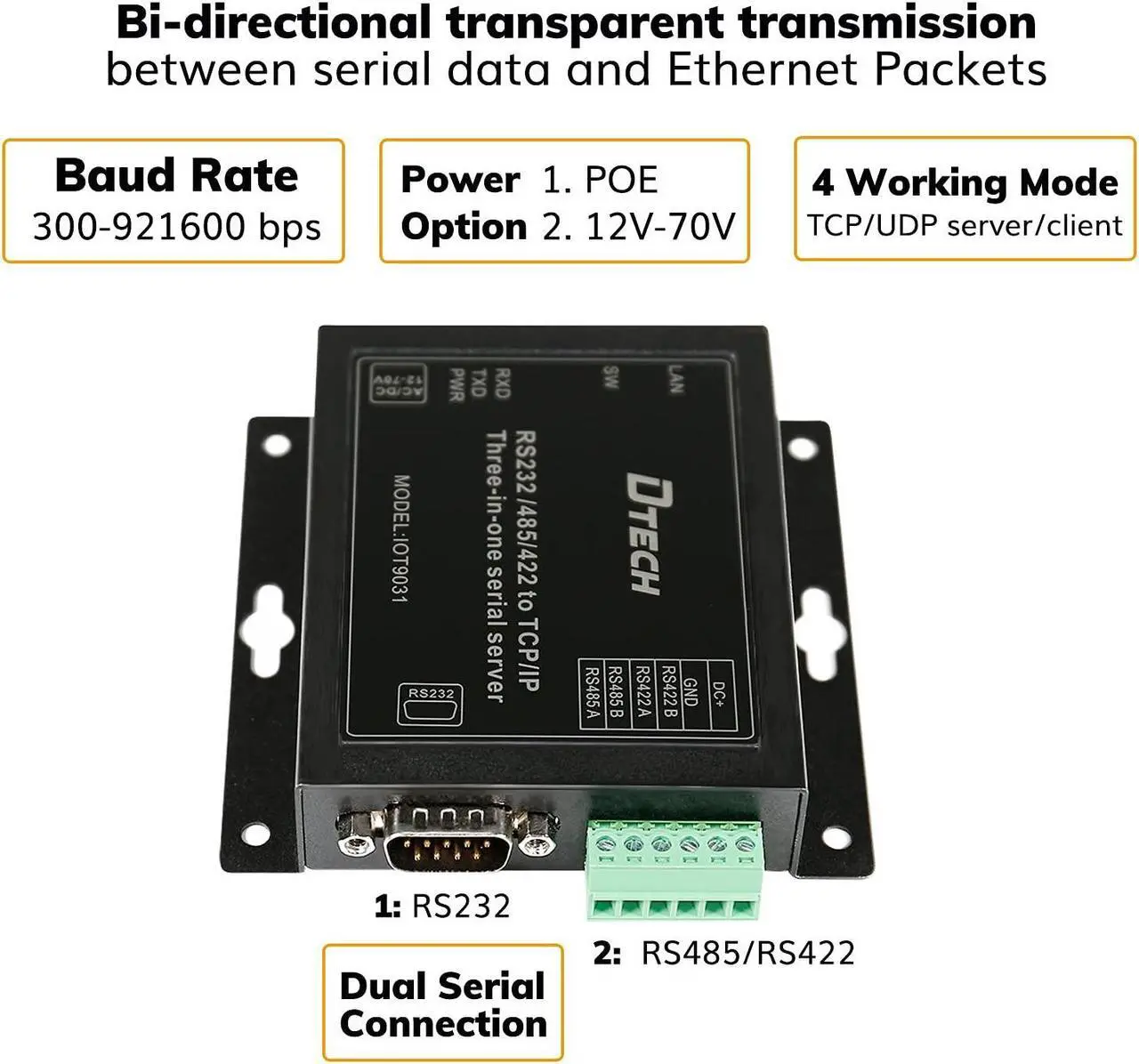 Alt view image 2 of 5 - DTECH Serial to Ethernet Converter Adapter RS232 RS422 RS485 to TCP IP Device Server Supports DHCP DNS Modbus RTU/TCP 10/100M Power Over Ethernet POE