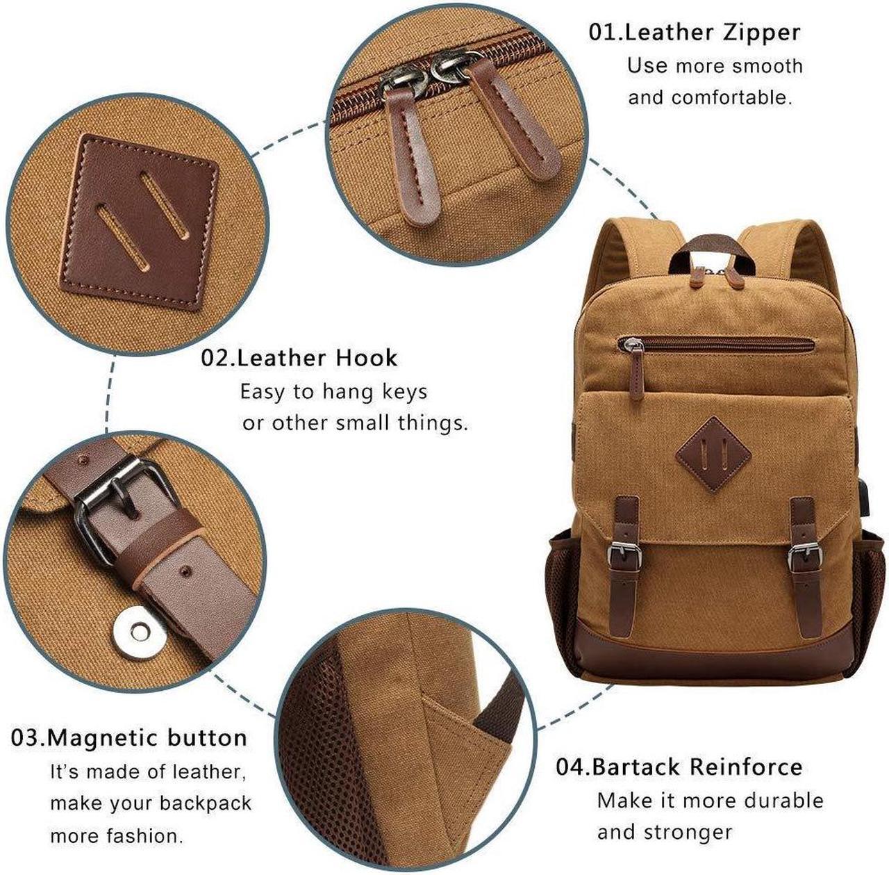 Alt view image 3 of 5 - Canvas Backpack for Men Women, Vintage Rucksack Fits Most 15.6 Inch Laptop, Bookbag with USB Charging Port, Brown