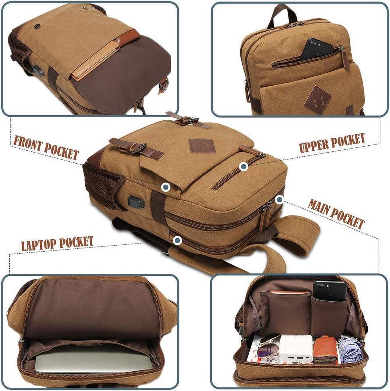 Alt view image 4 of 5 - Canvas Backpack for Men Women, Vintage Rucksack Fits Most 15.6 Inch Laptop, Bookbag with USB Charging Port, Brown