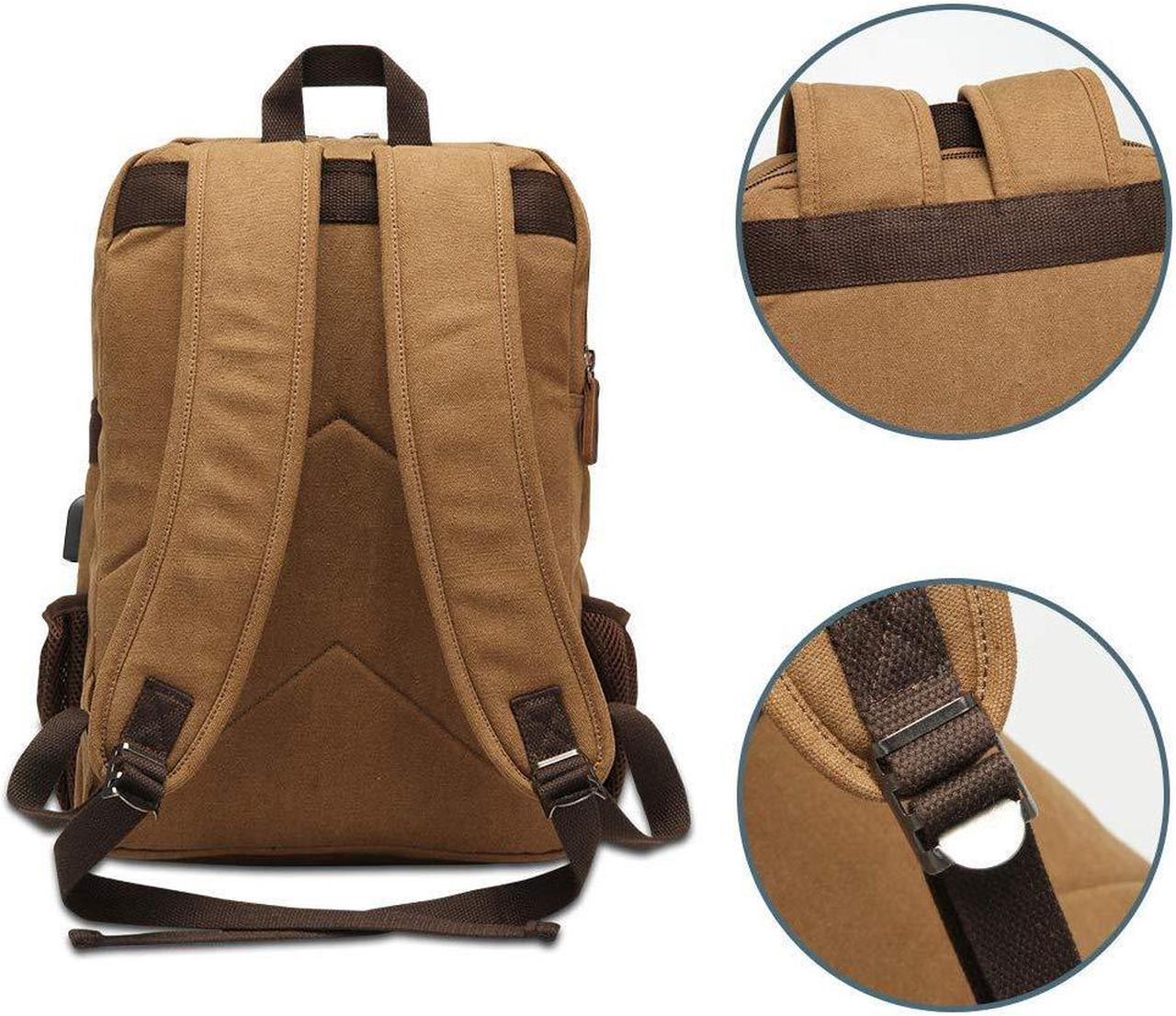 Alt view image 5 of 5 - Canvas Backpack for Men Women, Vintage Rucksack Fits Most 15.6 Inch Laptop, Bookbag with USB Charging Port, Brown