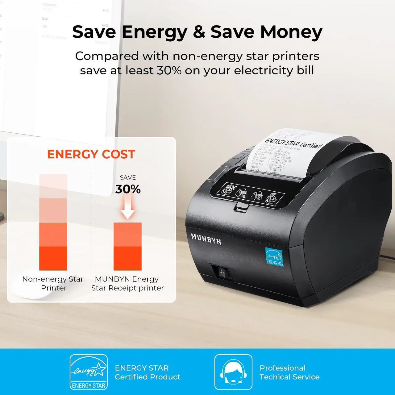 Alt view image 4 of 5 - MUNBYN POS Printer, Receipt Printer USB Ethernet 80MM Thermal Printer P047 and White Cash Drawer, 16" Heavy Duty Cash Register for Point of Sale (POS) System
