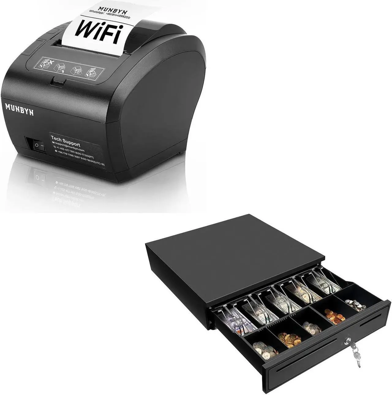 Main image of MUNBYN WiFi Thermal Receipt Printer with USB/LAN/RS232 Port, 80mm POS Printer Works and Black Cash Register Drawer, 16" Wide Cash Drawer