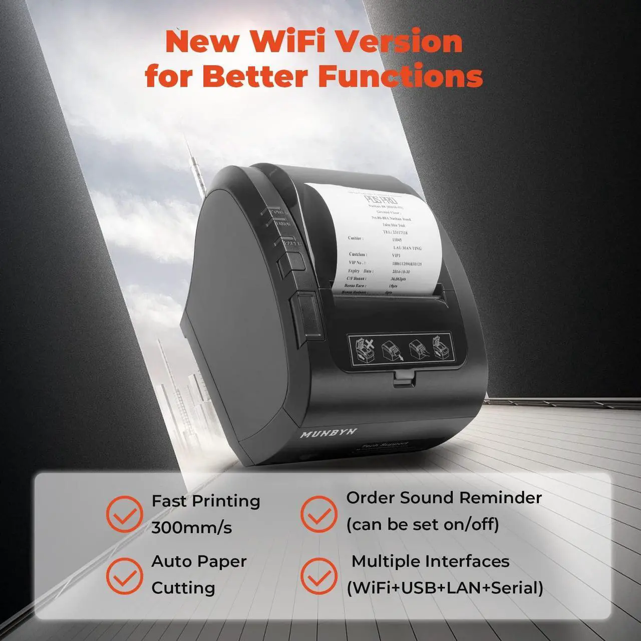 Alt view image 4 of 5 - MUNBYN WiFi Thermal Receipt Printer with USB/LAN/RS232 Port, 80mm POS Printer Works and Black Cash Register Drawer, 16" Wide Cash Drawer