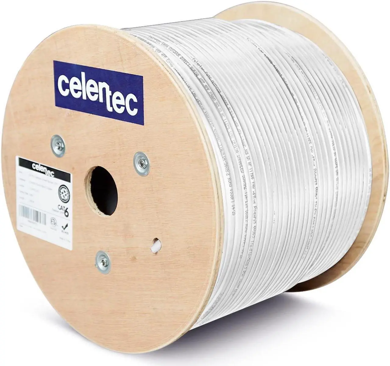 Main image of celertec CAT6 Outdoor Cable, 1000ft, 23AWG Solid Bare Copper, Unshielded Twisted Pair (UTP), UV Resistant, Weatherproof, CMX, ETL Listed, 550MHz, Bulk Ethernet Cable, Wooden Spool- White