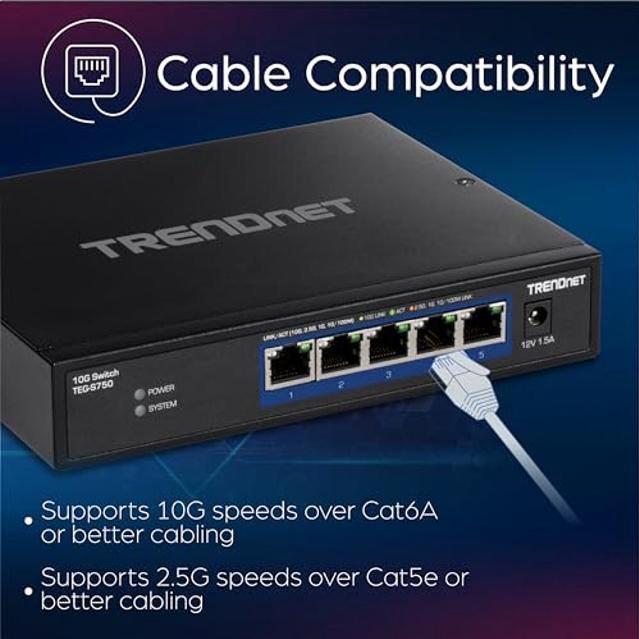 Alt view image 4 of 5 - TRENDnet 5-Port 10G Switch, 5 x 10G RJ-45 Ports, 100Gbps Switching Capacity, Supports 2.5G and 5G-BASE-T Connections, Lifetime Protection, Black, TEG-S750