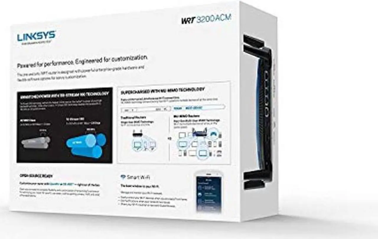 Alt view image 5 of 5 - Linksys WRT3200ACM: AC3200 Dual-Band Gigabit Wi-Fi Router, Beamforming Tri-Stream Wireless Signal, Ethernet Ports, MU-MIMO (Black, Blue)