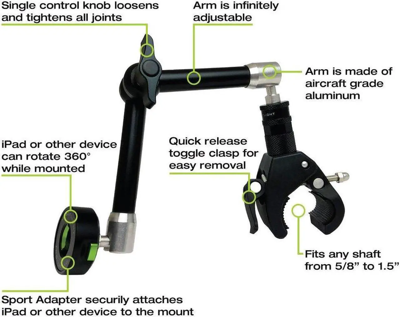 Alt view image 2 of 5 - MYGOFLIGHT Flex Yoke Articulated Arm Sport Mount and Universal Cradle Kit for Any 7"-11" iPad Mini Air Pro Android Tablet PC Airplane Car RV Truck Boat Steering Wheel Dash Mounting