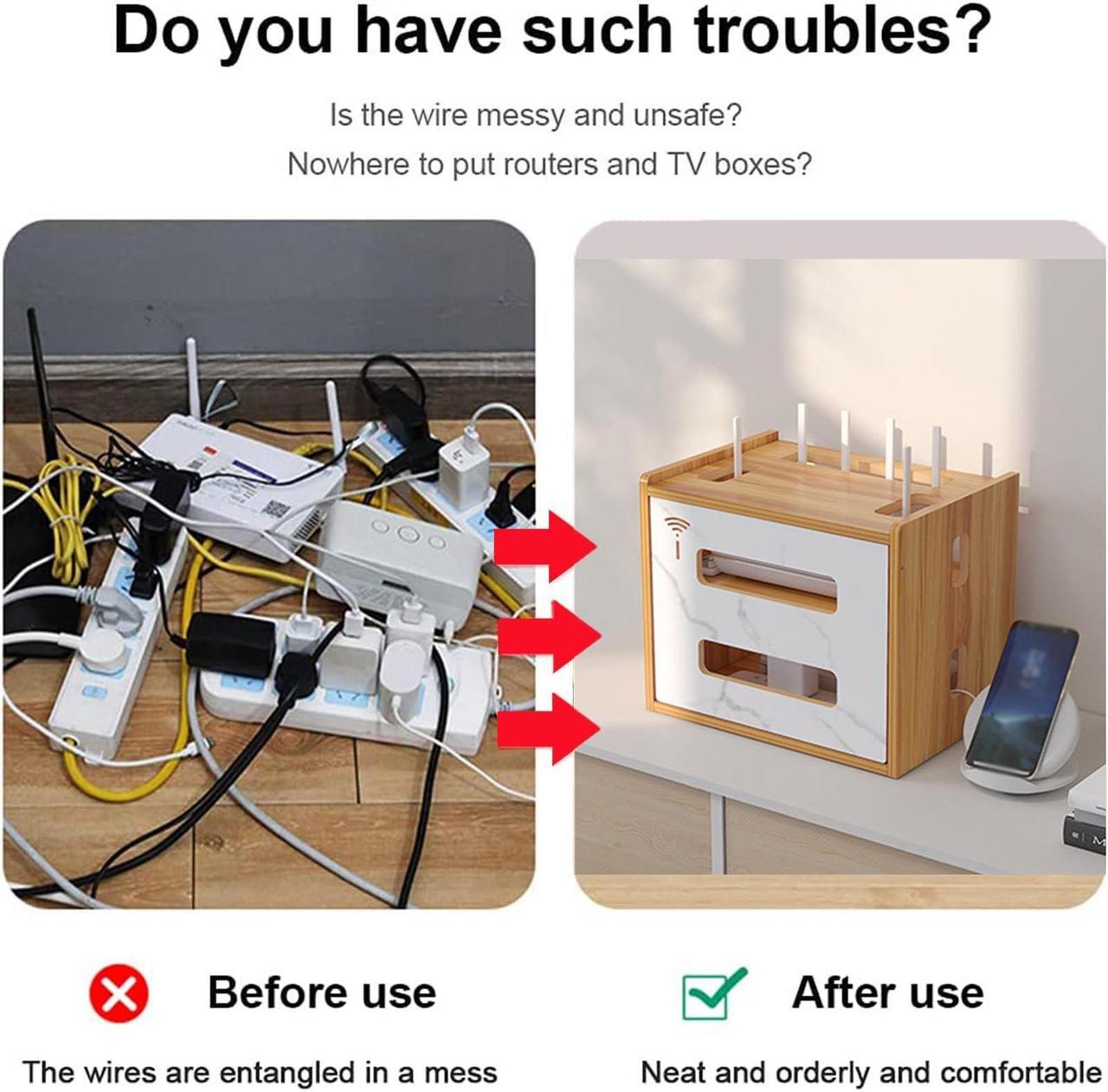 Alt view image 3 of 5 - Wooden WiFi Router Storage Box & Shelf - Modem & Cable Organizer - Power Strip Cable Management Hider - No Assembly Required