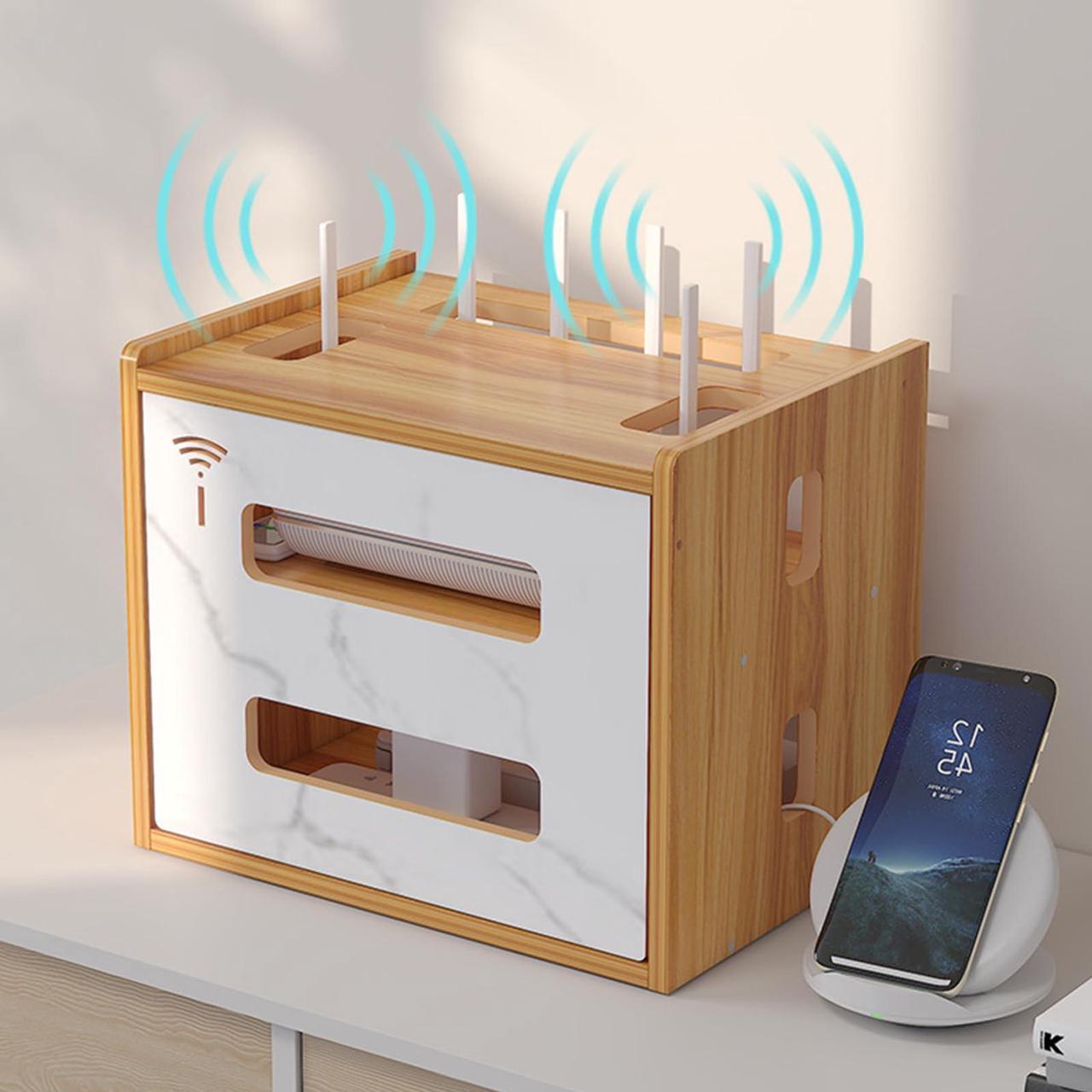 Alt view image 4 of 5 - Wooden WiFi Router Storage Box & Shelf - Modem & Cable Organizer - Power Strip Cable Management Hider - No Assembly Required