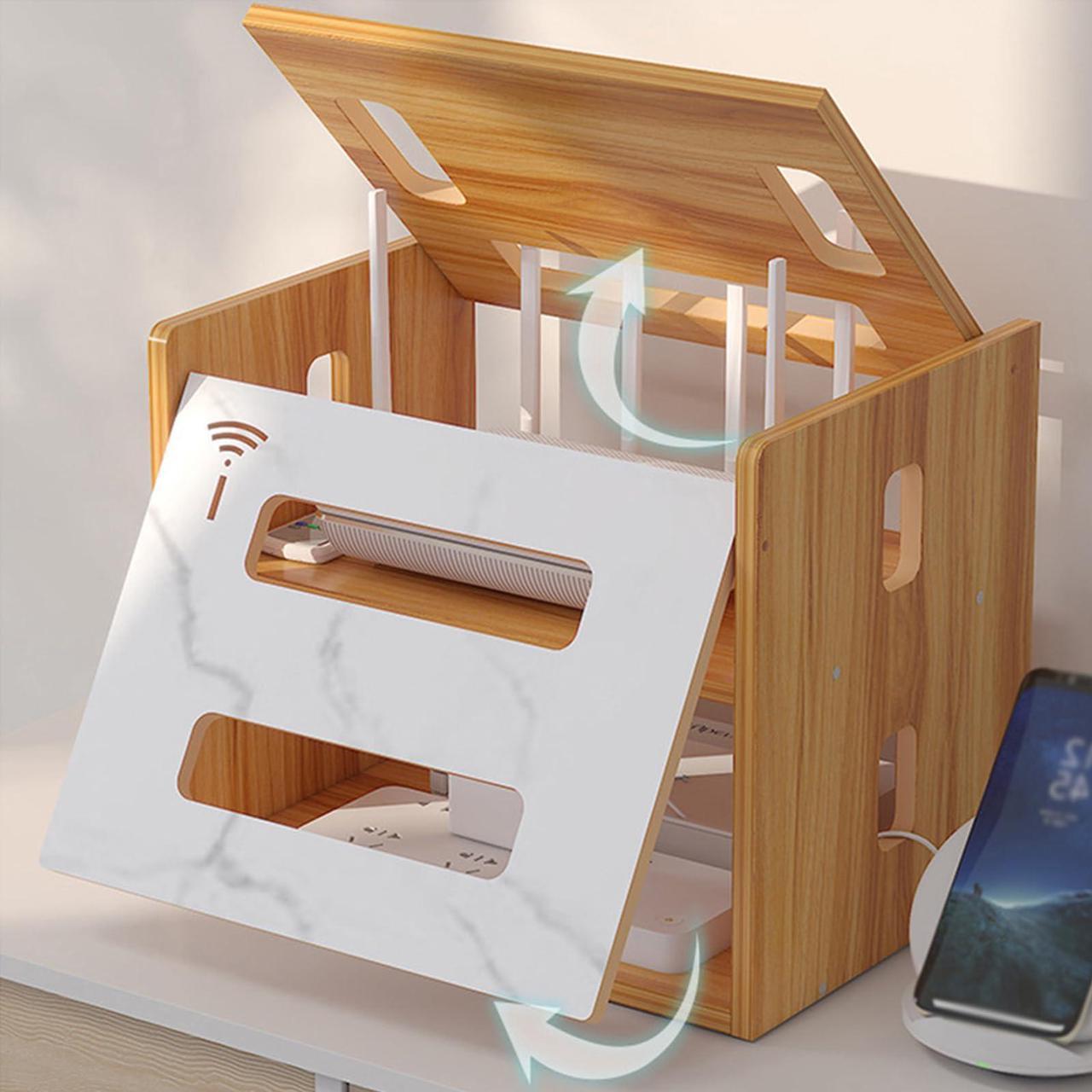 Alt view image 5 of 5 - Wooden WiFi Router Storage Box & Shelf - Modem & Cable Organizer - Power Strip Cable Management Hider - No Assembly Required