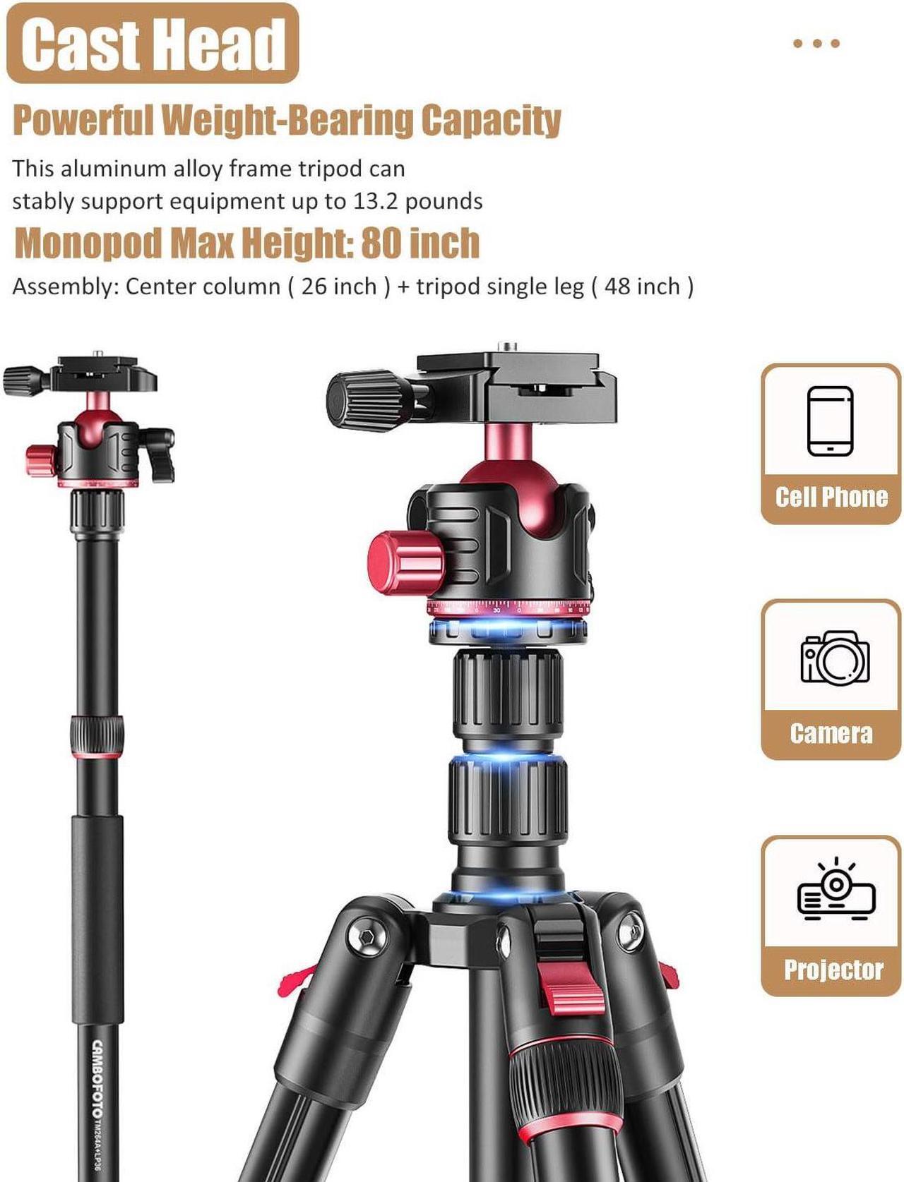 Alt view image 3 of 5 - CAMBOFOTO 80" DSLR-Camera-Tripod, Photography 360 Ball Head Professional Aluminum Tripod & Monopod with Carry Bag Compatible with Canon Nikon Binoculars Laser Telescope (Weight 3.35 Lbs, 15Lbs Load)