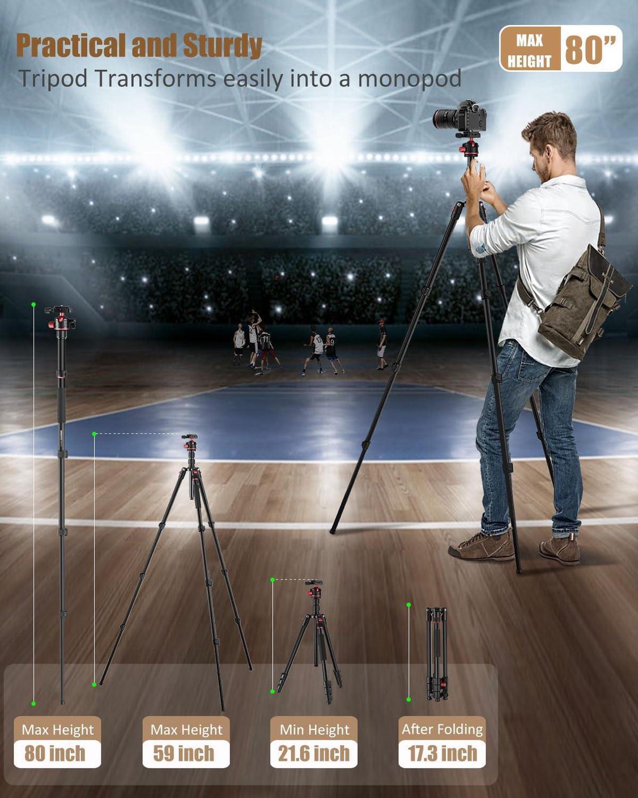Alt view image 2 of 5 - CAMBOFOTO 80" DSLR-Camera-Tripod, Photography 360 Ball Head Professional Aluminum Tripod & Monopod with Carry Bag Compatible with Canon Nikon Binoculars Laser Telescope (Weight 3.35 Lbs, 15Lbs Load)