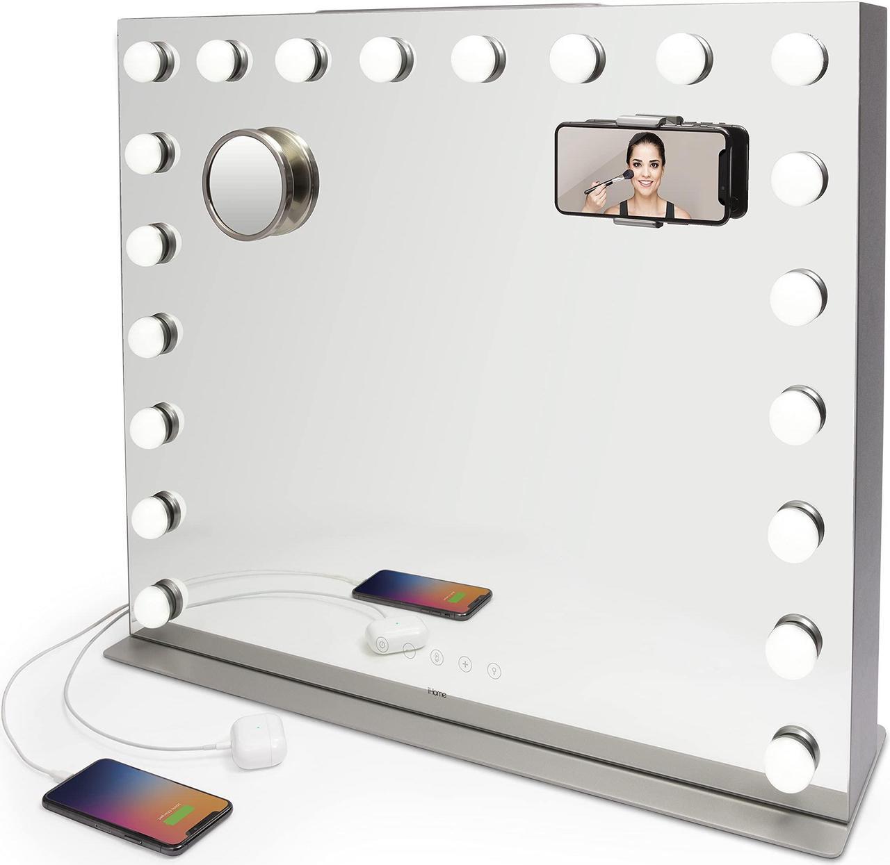 Main image of iHome Hollywood Studio Pro Luxury Oversized Vanity Stereo Speaker Systems with Bluetooth, Dual USB Charging and Removable 10x Detail Mirror