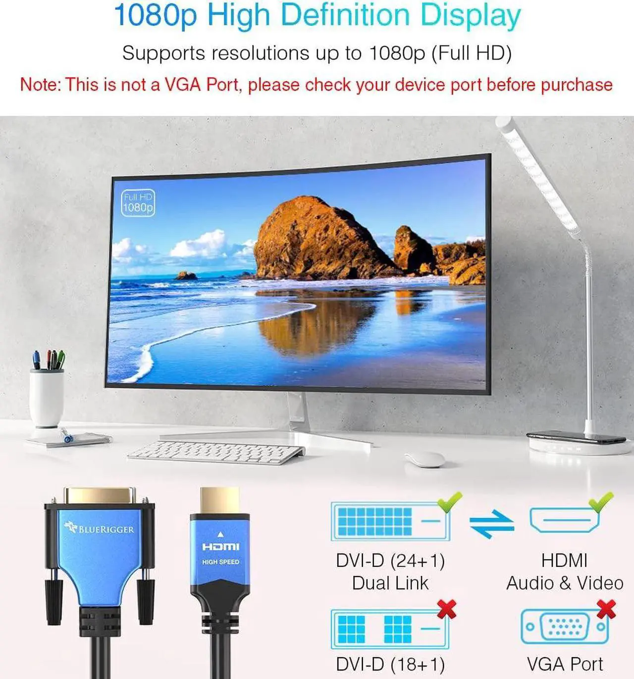 Alt view image 2 of 5 - BlueRigger HDMI to DVI Cable (50FT, High-Speed, Bi-Directional Adapter Male to Male, DVI-D 24+1, 1080p, Aluminum Shell) - Compatible with Raspberry Pi, Roku, Xbox One, PS5/PS4/PS3, Graphics Card