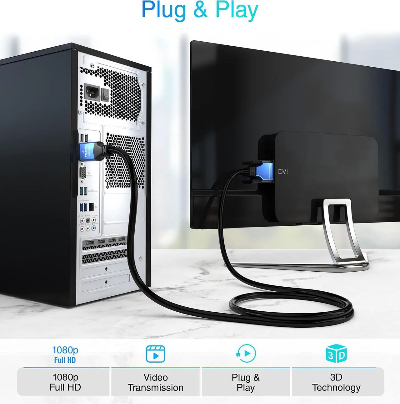Alt view image 3 of 5 - BlueRigger HDMI to DVI Cable (50FT, High-Speed, Bi-Directional Adapter Male to Male, DVI-D 24+1, 1080p, Aluminum Shell) - Compatible with Raspberry Pi, Roku, Xbox One, PS5/PS4/PS3, Graphics Card