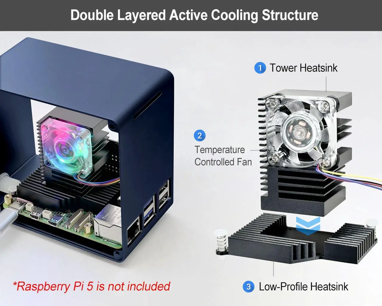 Alt view image 2 of 5 - ElectroCookie Raspberry Pi 5 Case, Aluminum Mini Tower Case with Cooling Fan and Color Changing Ambient Light (Blue)