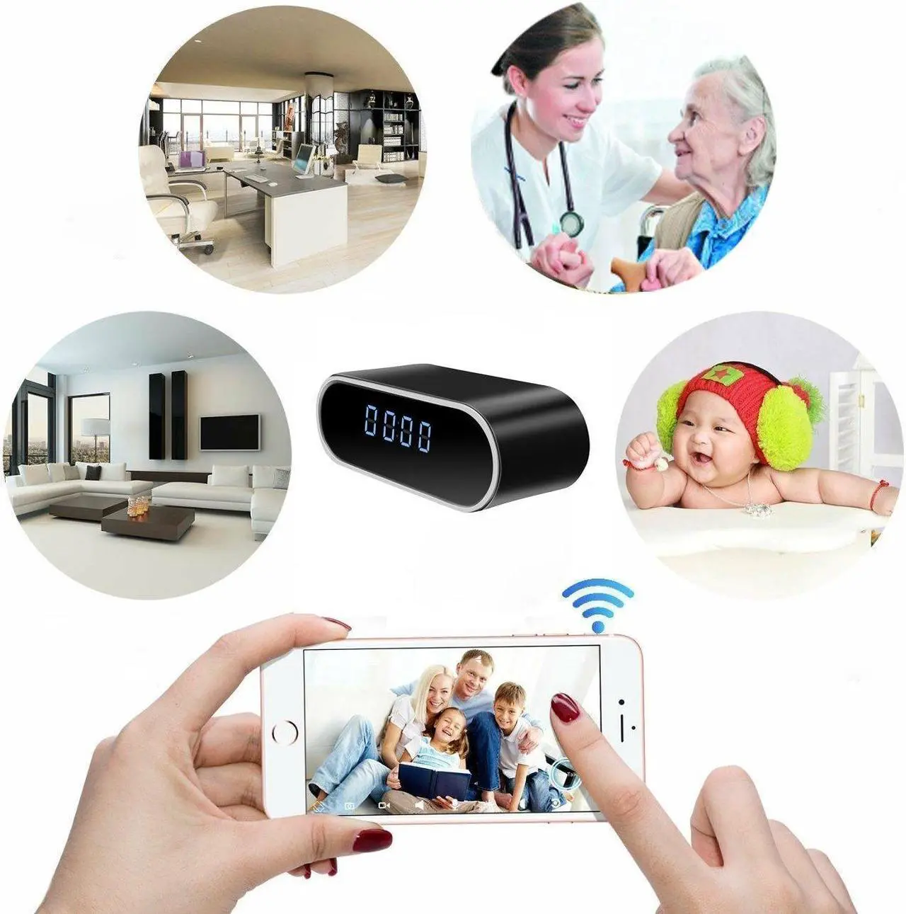 Alt view image 2 of 5 - Jigayao Camera Clock, HD 1080P WiFi Alarm Clock Camera with Night Vision/Motion Detection/Loop Recording, Wireless Security Nanny Cam for Home and Office-Support iOS/Android No Audio