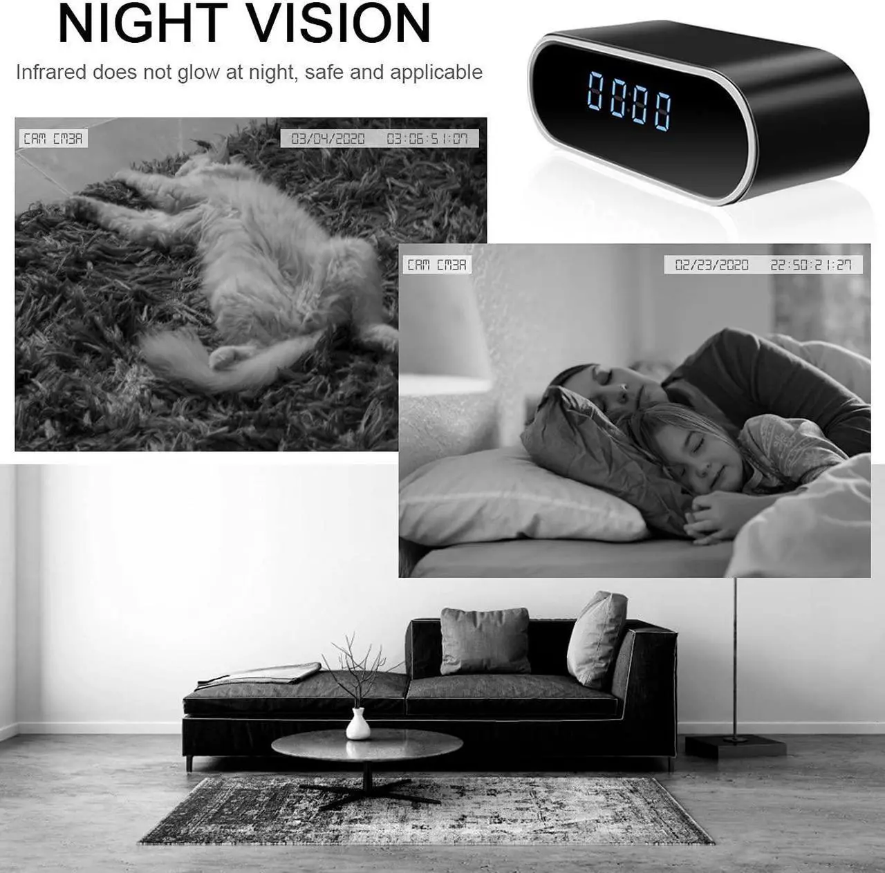 Alt view image 4 of 5 - Jigayao Camera Clock, HD 1080P WiFi Alarm Clock Camera with Night Vision/Motion Detection/Loop Recording, Wireless Security Nanny Cam for Home and Office-Support iOS/Android No Audio